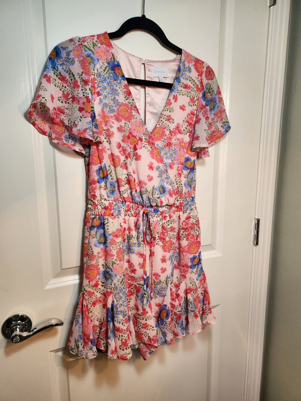Sugarlips Pink Floral Mini Dress with Blue & Coral Accents